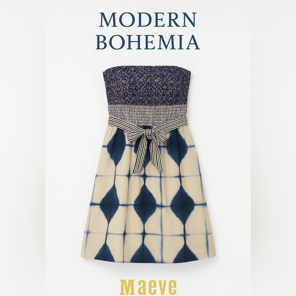 Maeve Strapless Tie-Waist Patterned Blue and Cream Dress